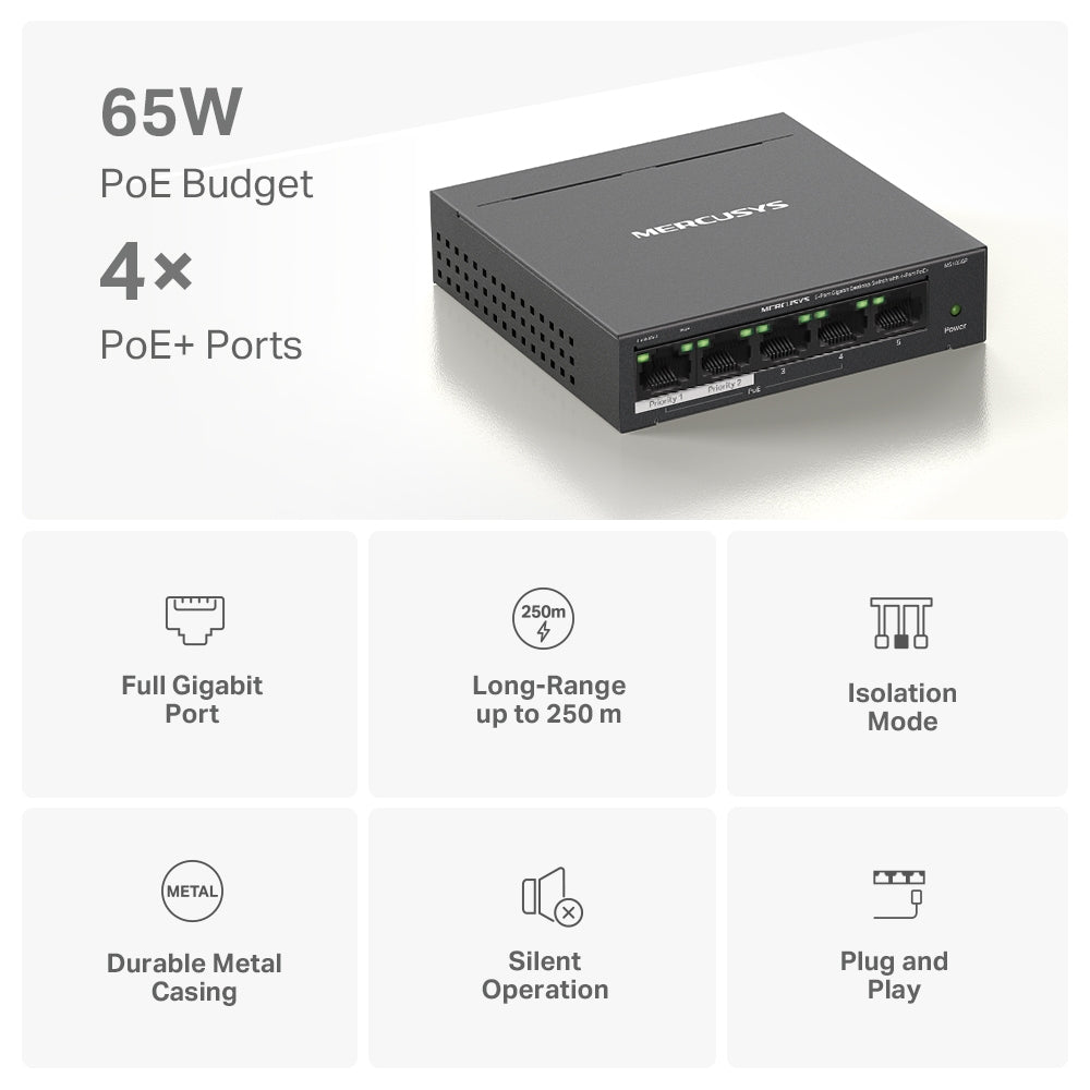 Mercusys MS105GP 5-Port Gigabit Desktop Switch with 4-Port PoE+ Mercusys MS105GP 5-Port Gigabit Desktop Switch with 4-Port PoE+